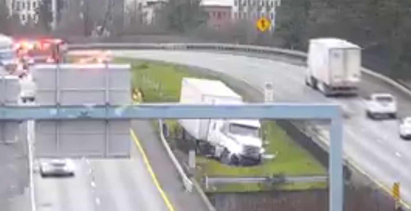 WSDOT traffic camera image of truck trailer incident in the median of I-5 in Bellingham (December 27, 2023)