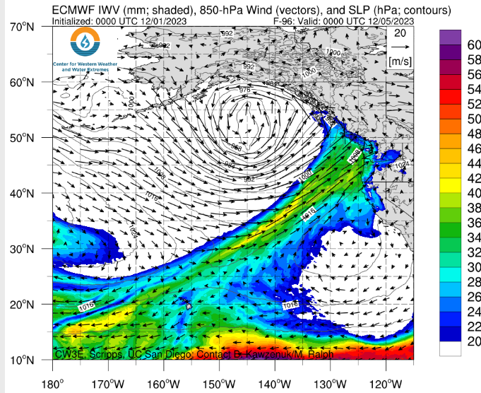 Plot of vertically integrated water vapor analysis forecast for December 5, 2023, as of December 1st, based on ECMWF forecast model. Source: Center for Western Weather and Water Extremes