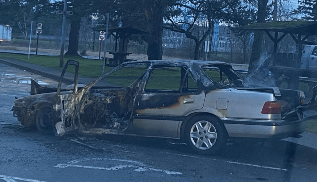 Scene of a car fire in the northbound I-5 Custer rest area (January 3, 2024). Photo courtesy of WSP