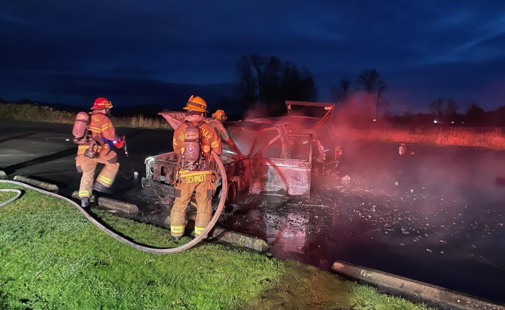 Scene of a car fire in the parking lot of a business at the intersection of Slater Road and Haxton Way (January 3, 2024). Photo courtesy of WCFD7