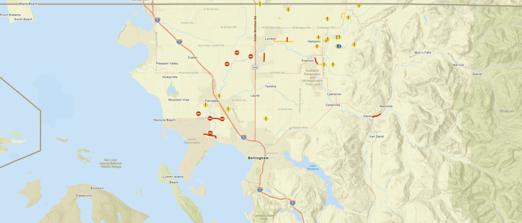 Whatcom County Public Works road closures & restrictions map as of January 29, 2024.
