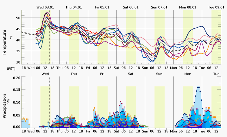 Weather forecasts for Whatcom County lowlands created using several ensemble weather forecast computer models as of January 3, 2024. Source: meteoblue