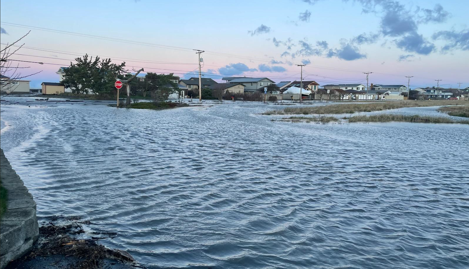 Scene of coastal flooding in the Sandy Point area during a 10-foot high tide with a westerly wind (January 11, 2024). Photo courtesy of WCFD17,