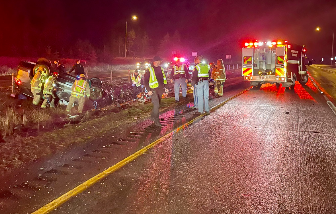 Scene of a single-vehicle rollover crash on I-5 in Blaine. Photo: Blaine Police Department