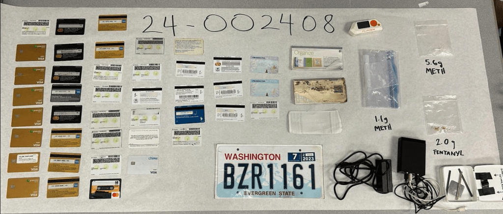 Items located during a vehicle search on I-5 in Ferndale (February 9, 2024). Photo courtesy of the Washington State Patrol. 