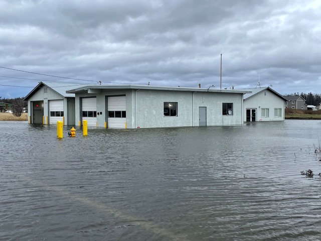 The outside of WCFD17's main station during a coastal flooding event in the Sandy Point area. Photo courtesy of WCFD17