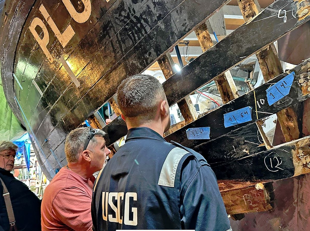 Foot ferry vessel, Plover, being inspected in dry dock (~2024). Photo: Richard Sturgill Source: City of Blaine