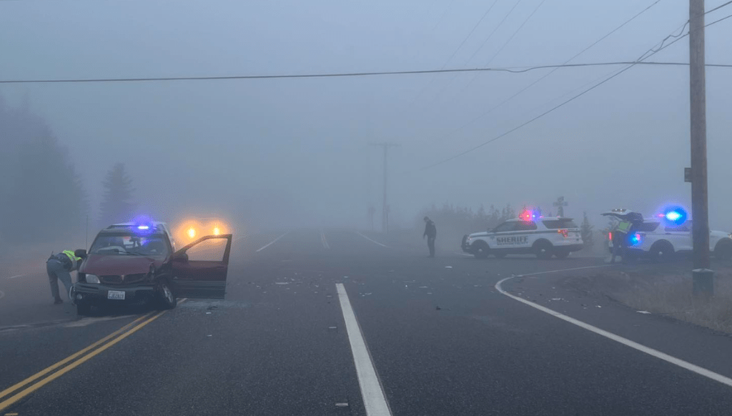 Scene of a crash at the intersection of Hannegan and E Axton Roads (March 19, 2024). Photo: WCSO