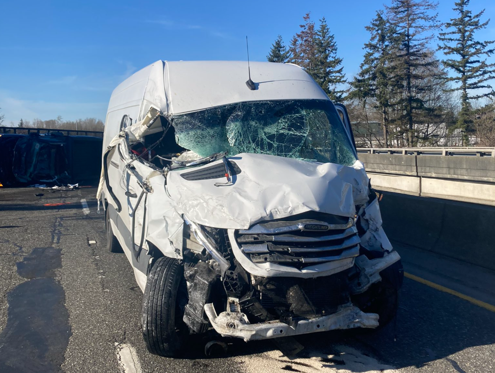 Vehicle at scene of a blocking crash on I-5 southbound at the Portal Way interchange (March 19, 2024). Photo courtesy of WSP