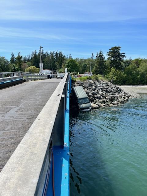 Scene of car crash at the Lummi Island ferry landing (May 15, 2034). Photo courtesy of WCFD11.