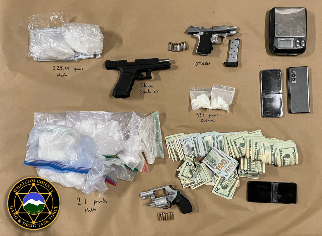 Items seized following the arrest of 2 people in Lynden (April 25, 2024). Photo: Whatcom County Gang & Drug Task Force
