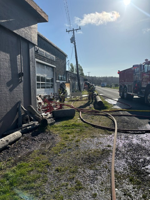 Scene of a commercial structure fire on Lummi Island (May 8, 2024). Photo: WCFD11