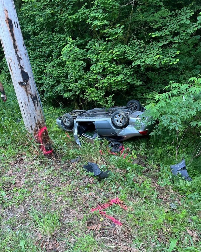Scene of a rollover crash on Lake Whatcom Boulevard (June 20, 2024). Photo: Whatcom County Sheriff's Office