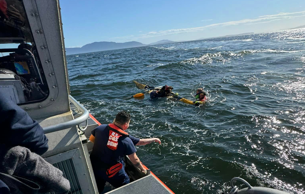 Scene of kayakers being rescued from the water near Lummi Island by crew from US Coast Guard Station Bellingham (June 9, 2024). Photo: USCG Bellingham