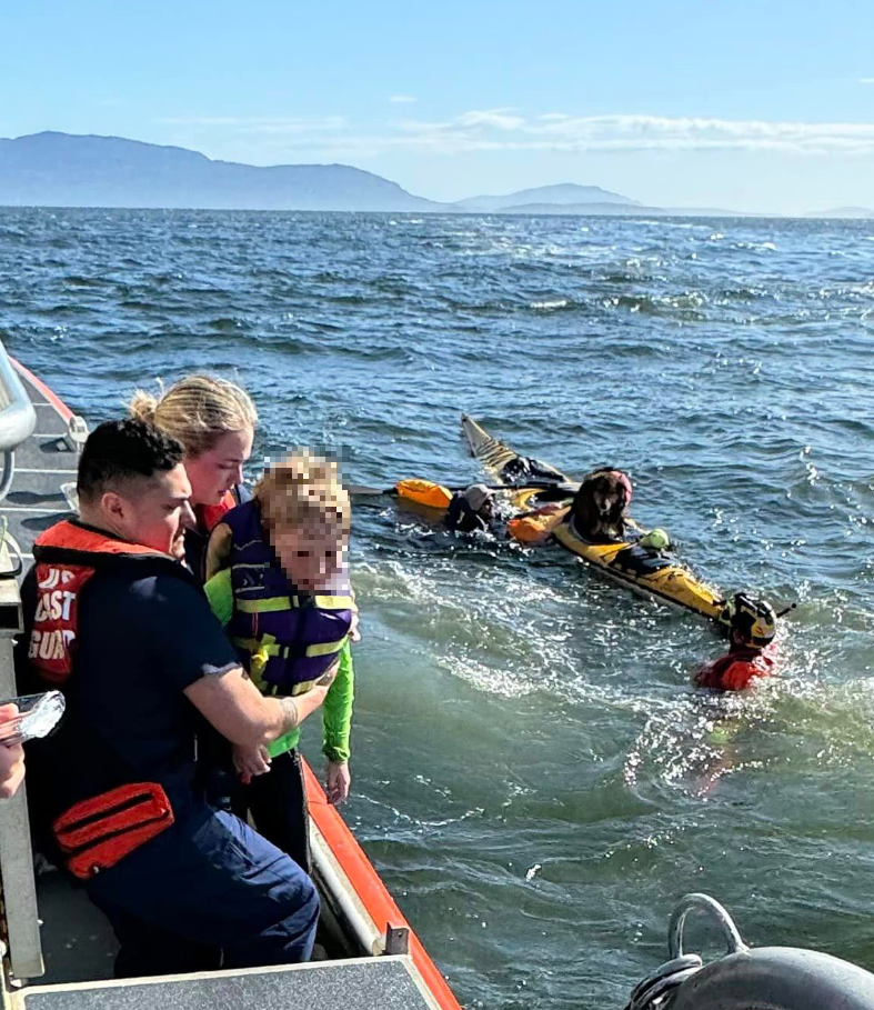Scene of kayakers being rescued from the water near Lummi Island by crew from US Coast Guard Station Bellingham (June 9, 2024). Photo: USCG Bellingham