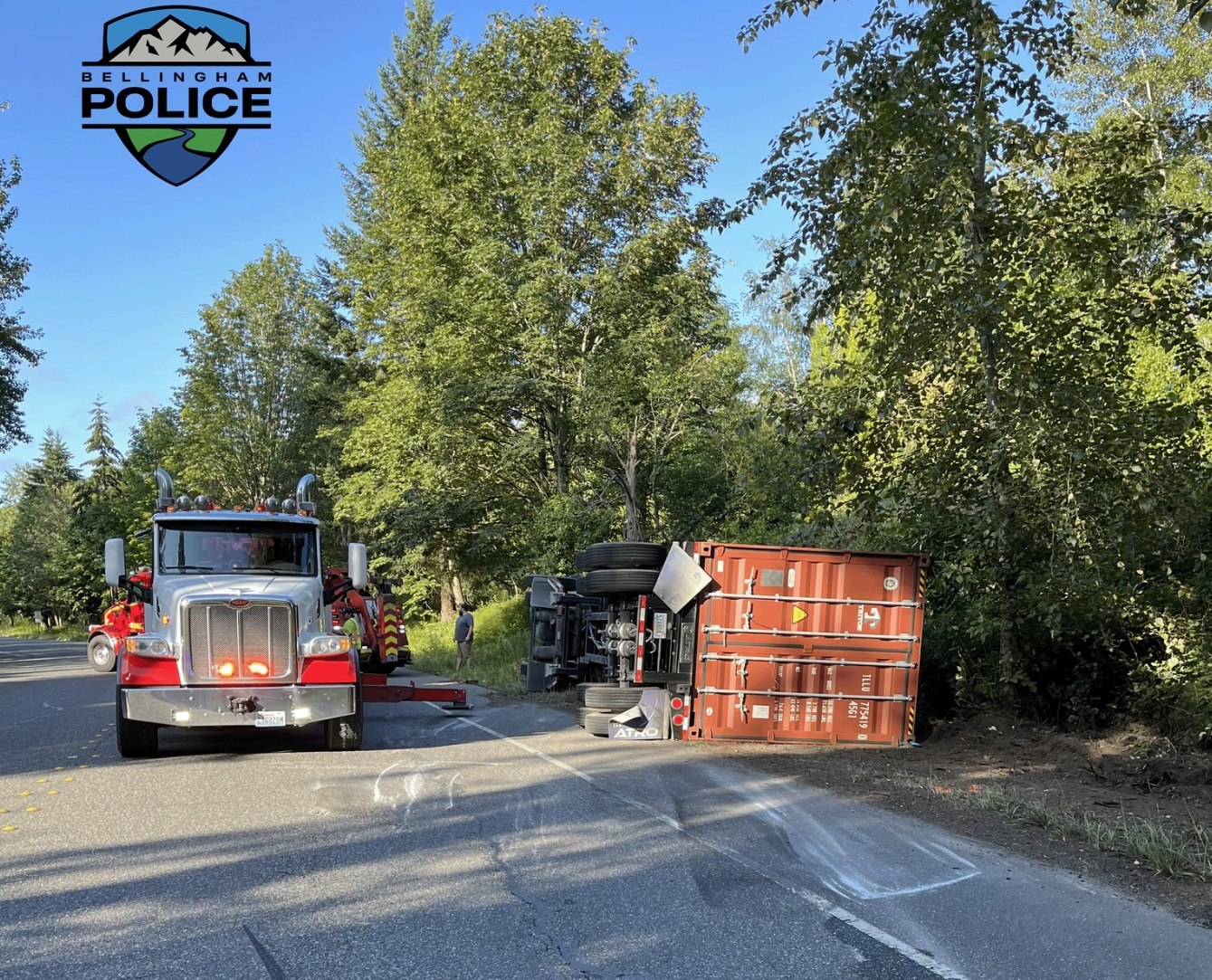 Scene of a semi-truck and trailer roll over crash that closed Squalicum Way (July 12, 2024). Photo: Bellingham Police Department