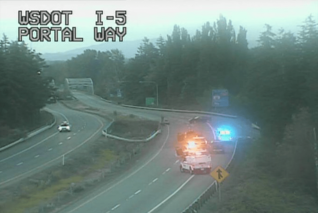 Scene of a car versus motorcycle crash at southbound I-5 and Portal Way (August 16, 2024). Source: WSDOT