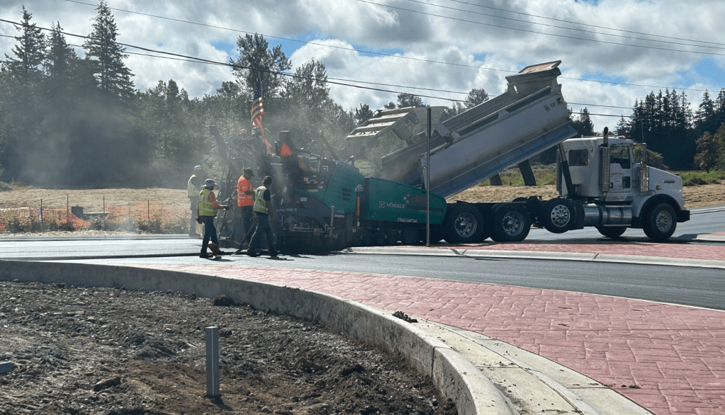 Paving wraps up conversion of the intersection at Hannegan Road and E Smith Road to a roundabout (August 5, 2024). Source: Whatcom County Public Works