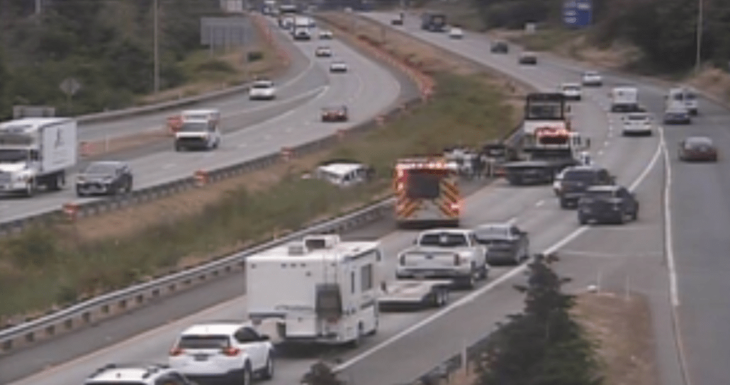 Scene of rollover crash on I-5 north of the Old Fairhaven Parkway interchange (June 30, 2021). Photo: WSDOT