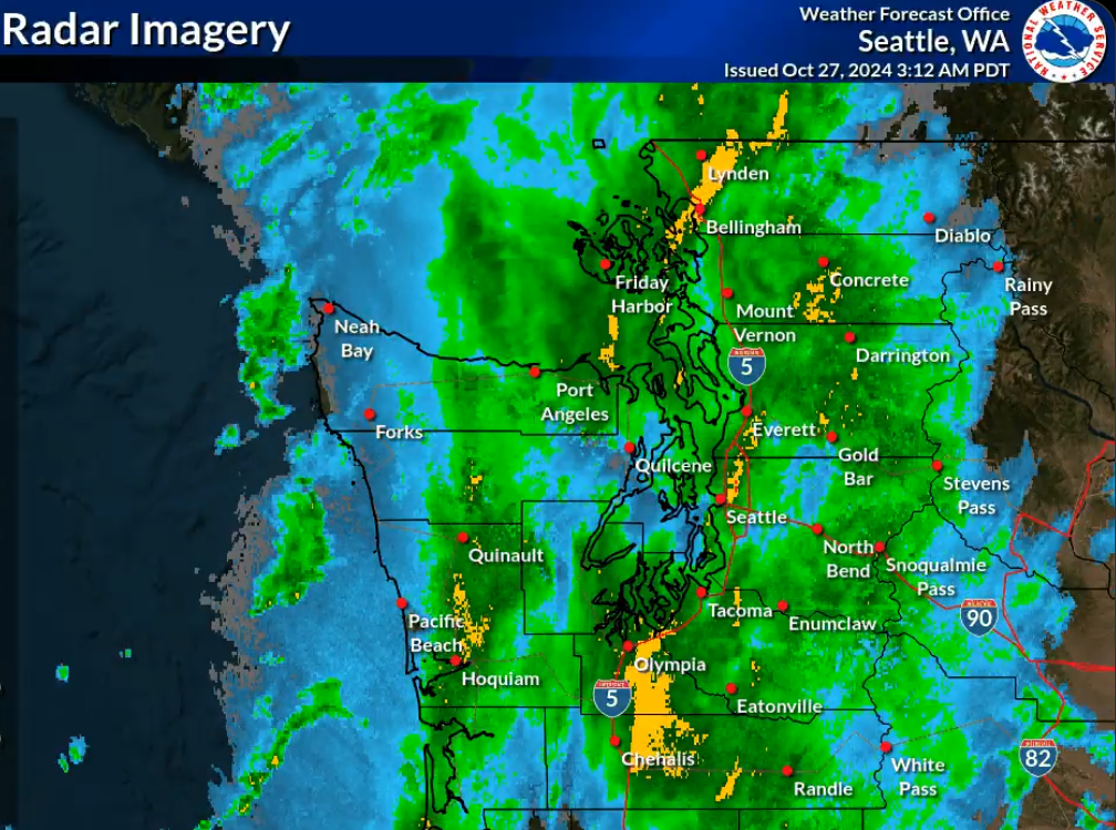 National Weather Service radar image during heavy rainfall event in Bellingham (October 27, 2024). Source: NWS