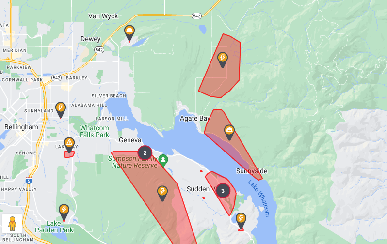 Power outage map as of 8:10am. Source: PSE