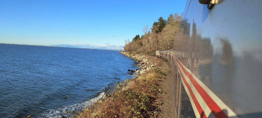 View of a debris slide north of White Rock, BC, from an Amtrak Cascades train forced to stop (December 18, 2024). Photo: Whatcom News
