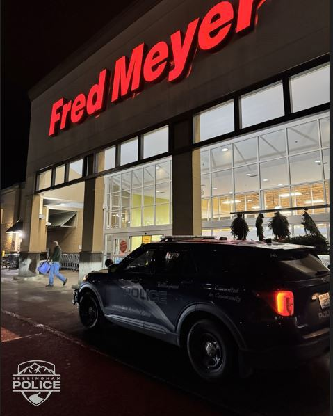 Bellingham Police vehicle outside of W Bakerview Road Fred Meyer during retail theft emphasis patrol (December 13, 2024). Source: BPD