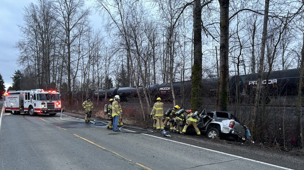 Scene of car crash and fire on Portal Way (January 1, 2025). Photo courtesy of WCFD7
