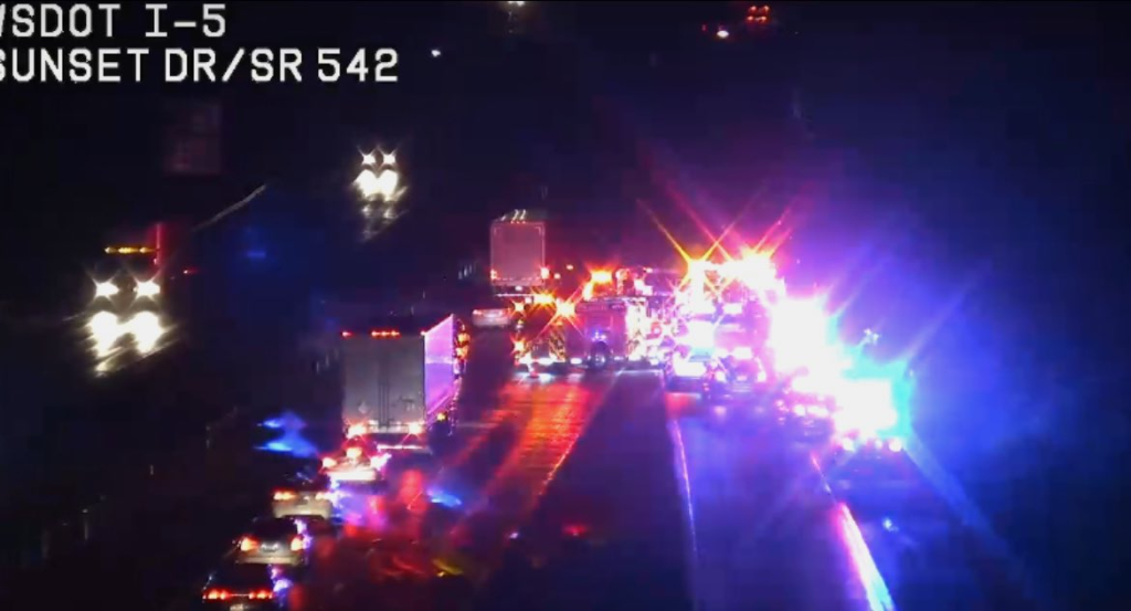 WSDOT traffic camera showing scene of rollover crash off of I-5 (January 7, 2025).