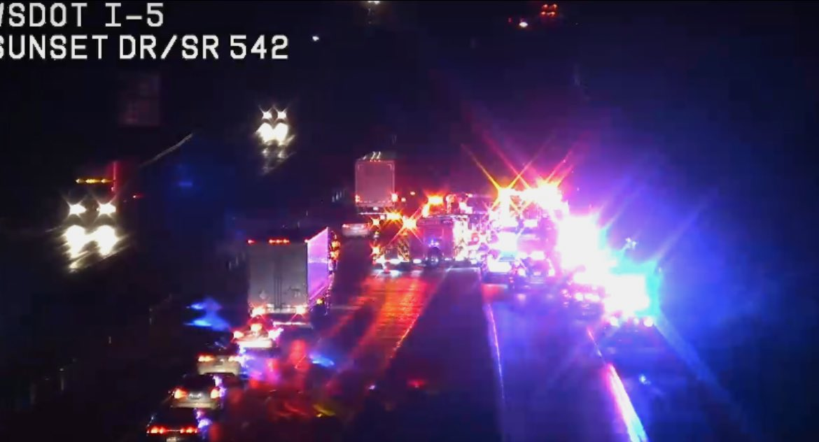 WSDOT traffic camera showing scene of rollover crash off of I-5 (January 7, 2025).