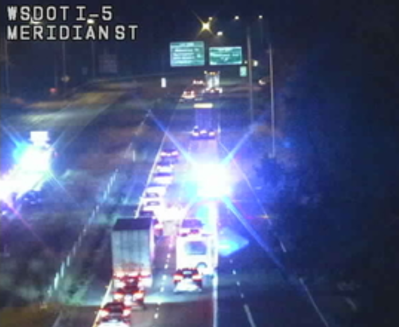 WSDOT traffic camera showing scene of multiple incidents on I-5 (January 7, 2025).