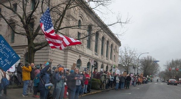 Scene of protest outside Federal Building in downtown Bellingham (February 17, 2025). Photo: Linda Twitchell