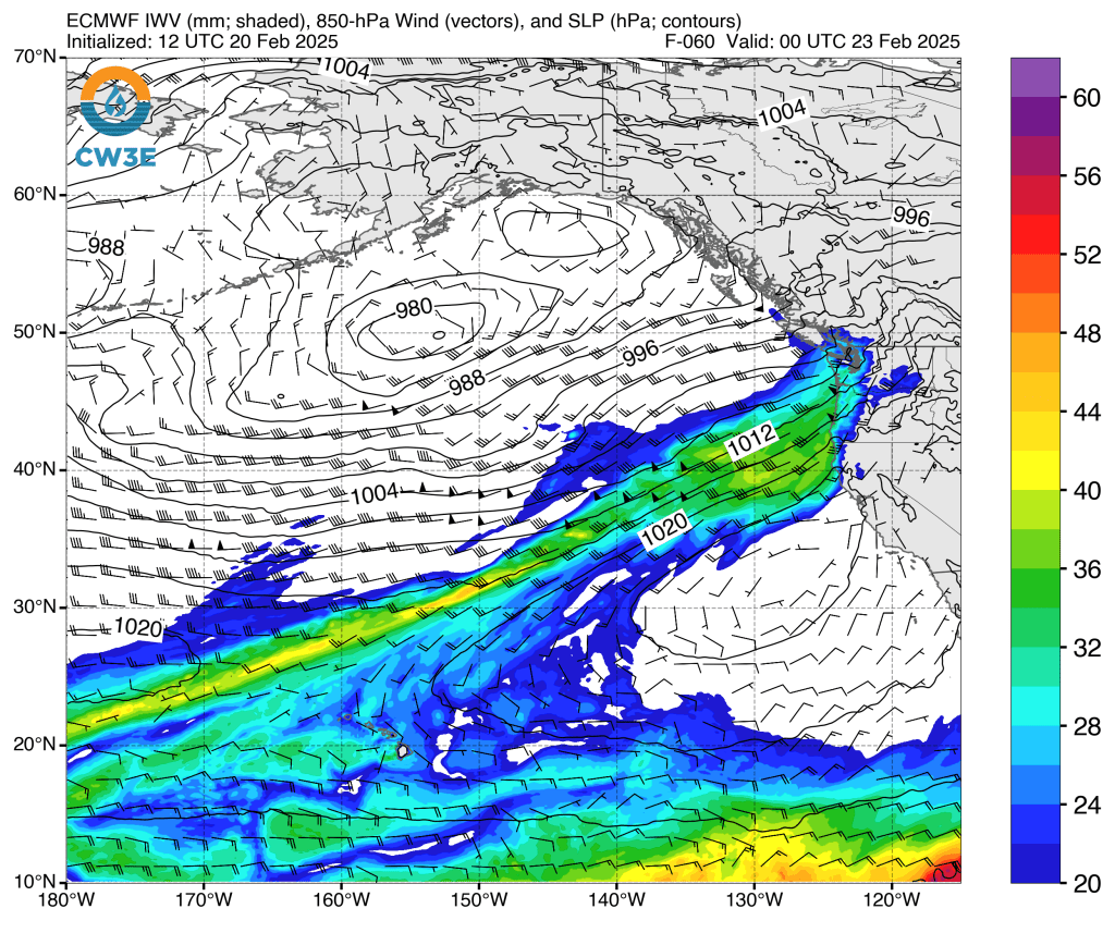 Plot of vertically integrated water vapor analysis forecast for February 22, 2025, based on ECMWF forecast model. Source: Center for Western Weather and Water Extremes