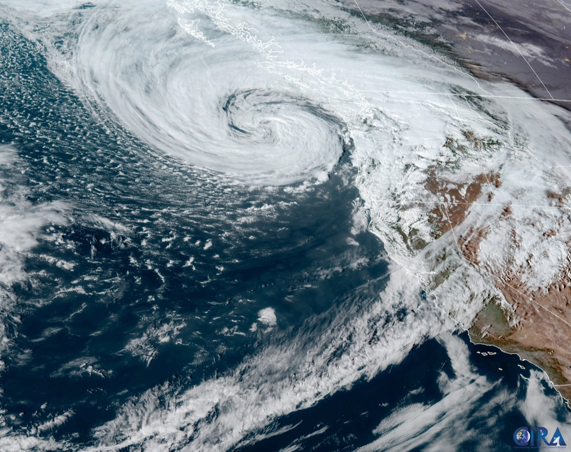 Satellite imagery at sunset of a low-pressure system expected to bring strong winds, rain, and heavier mountain snow (February 24, 2025). Source: NWS Seattle