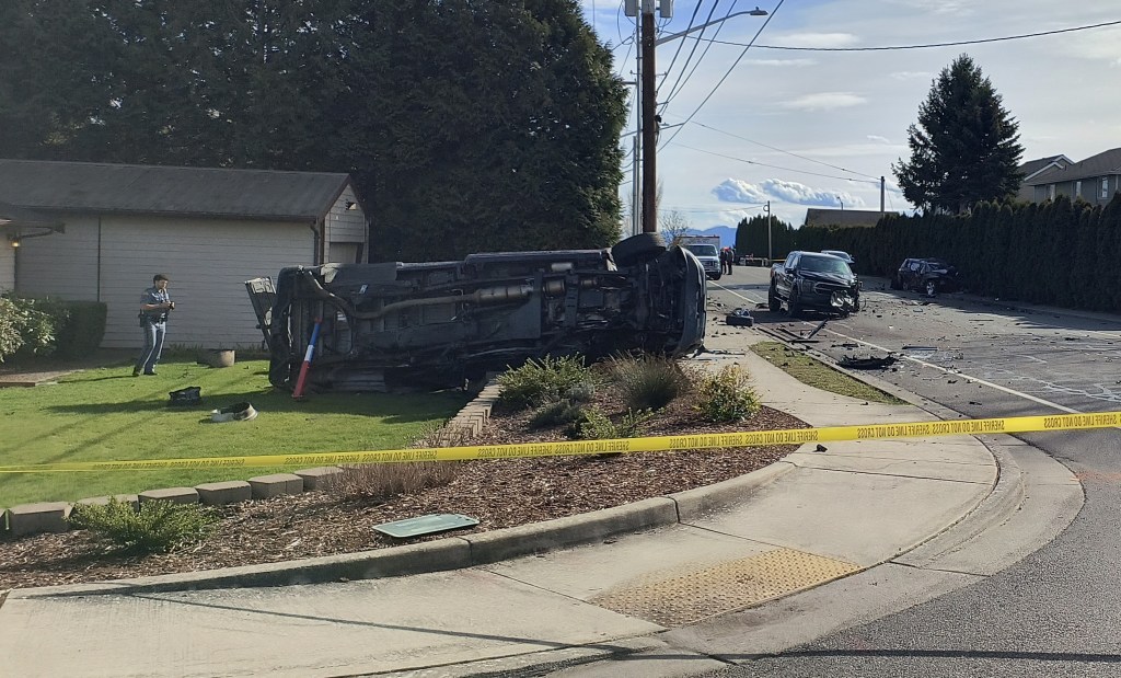 WSP Trooper Anthony Reese is seen assisting in the investigation of a fatality crash in Ferndale (March 18, 2025). Photo: Whatcom News