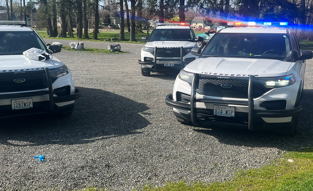 WSP Trooper vehicles at VanderYacht Park in Ferndale after locating fleeing suspect (April 2, 2025). Photo: WSP