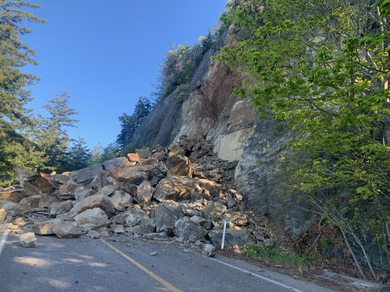 Scene of rockslide blocking both lanes of Chuckanut Drive (SR11) (April 22, 2025). Source: WSDOT