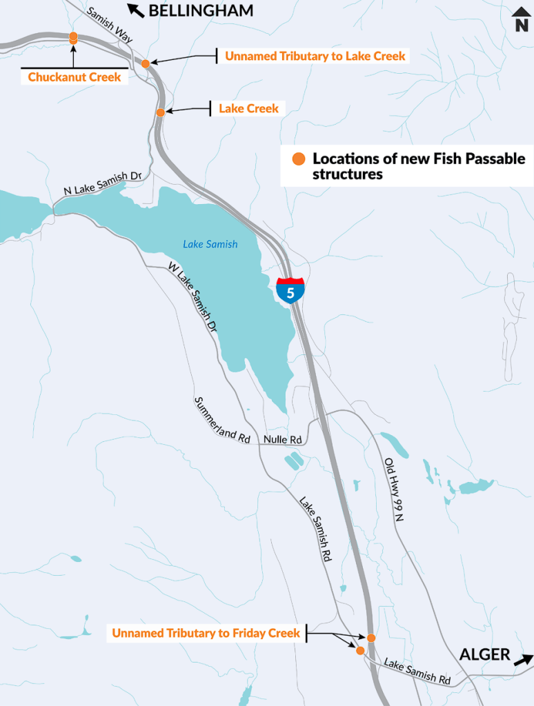 A graphic map of fish passage construction on I-5 in Whatcom and Skagit Counties, orange dots show the locations of new fish passable structures (April 2025). Source: WSDOT