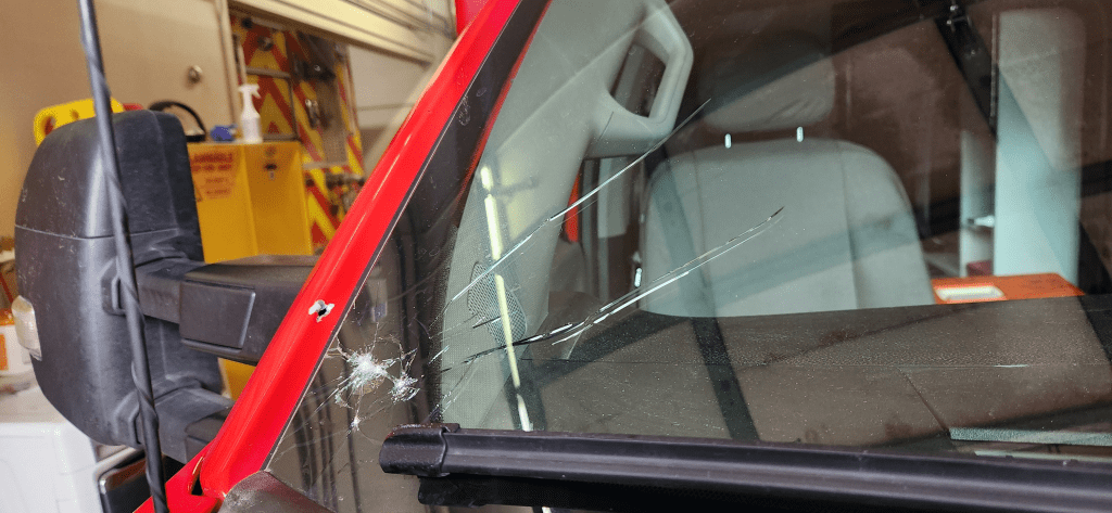 Damage visible on ambulance reportedly struck by a bullet while in service (March 6, 2025). Source: WCFD14