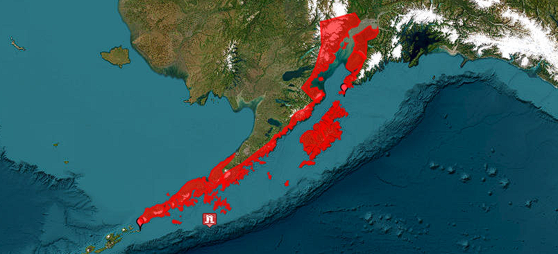 Map of southern Alaska showing areas at risk of tsunami activity following a magnitude 7.3 earthquake, with highlighted regions indicating tsunami forecast locations.