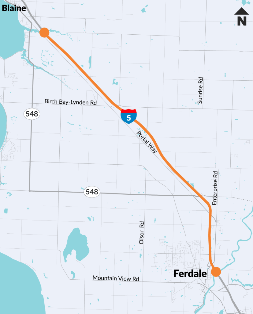 Map showing the route of I-5 between Blaine and Ferndale, Washington, highlighting a 10-mile stretch for upcoming repairs.