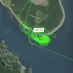 Flight path of DNR helicopter fighting a wildfire on Portage Island (July 6, 2025). Source: Watch Duty
