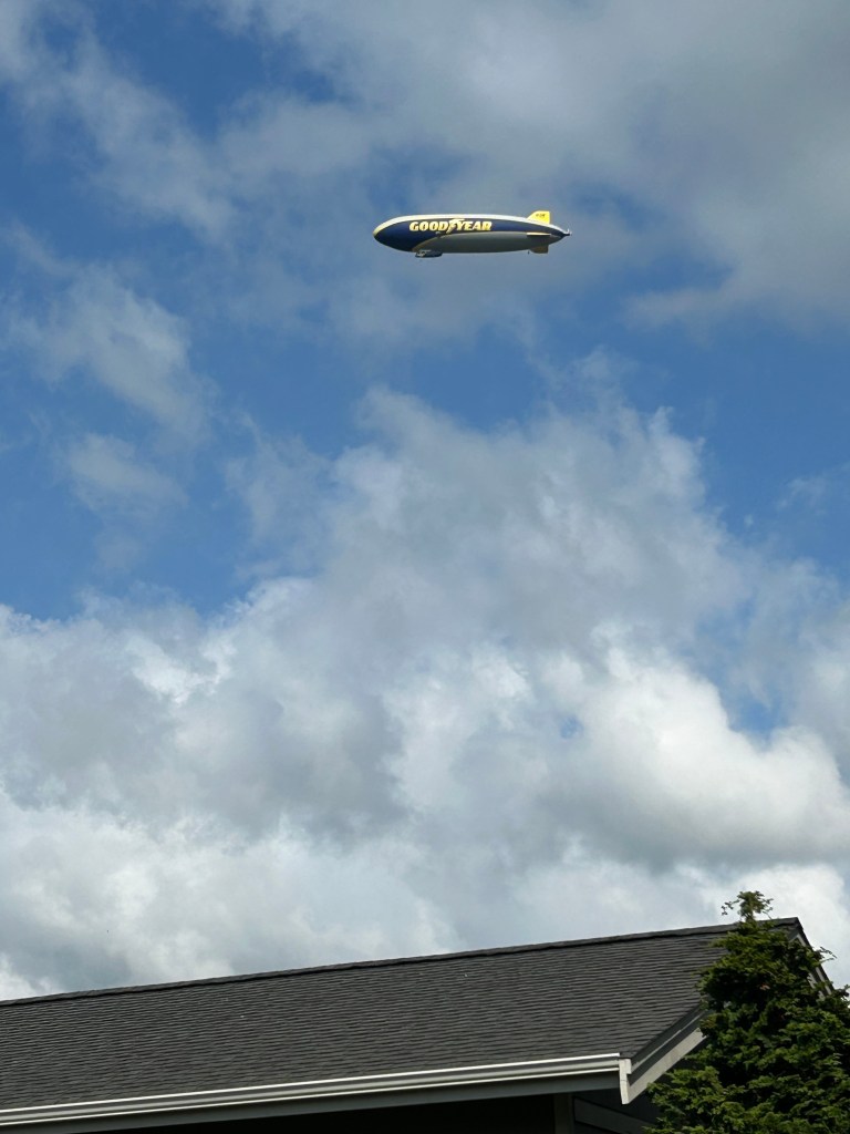 Goodyear blimp seen over Whatcom County (September 10, 2025). Photo courtesy of Barbara Sterling.