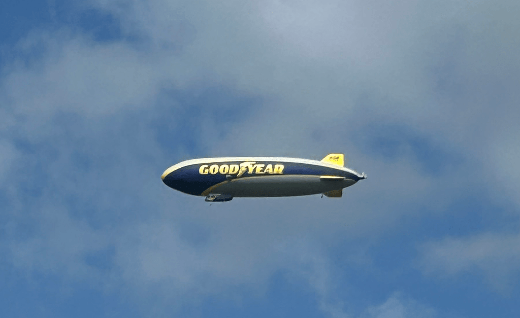 Goodyear blimp seen over Whatcom County (September 10, 2025). Photo courtesy of Barbara Sterling.