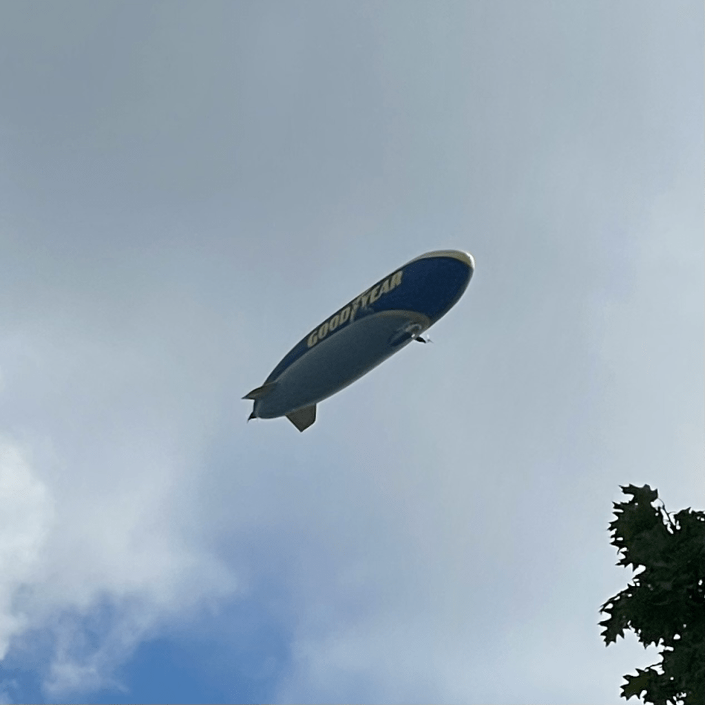 Goodyear blimp seen over Whatcom County (September 10, 2025). Photo courtesy of Laura Hansen.