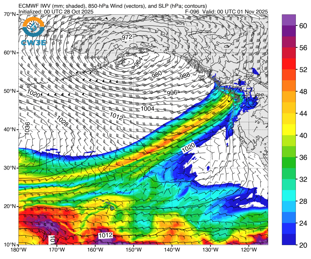 Plot of vertically integrated water vapor analysis forecast for October 31, 2025, based on ECMWF forecast model. Source: Center for Western Weather and Water Extremes