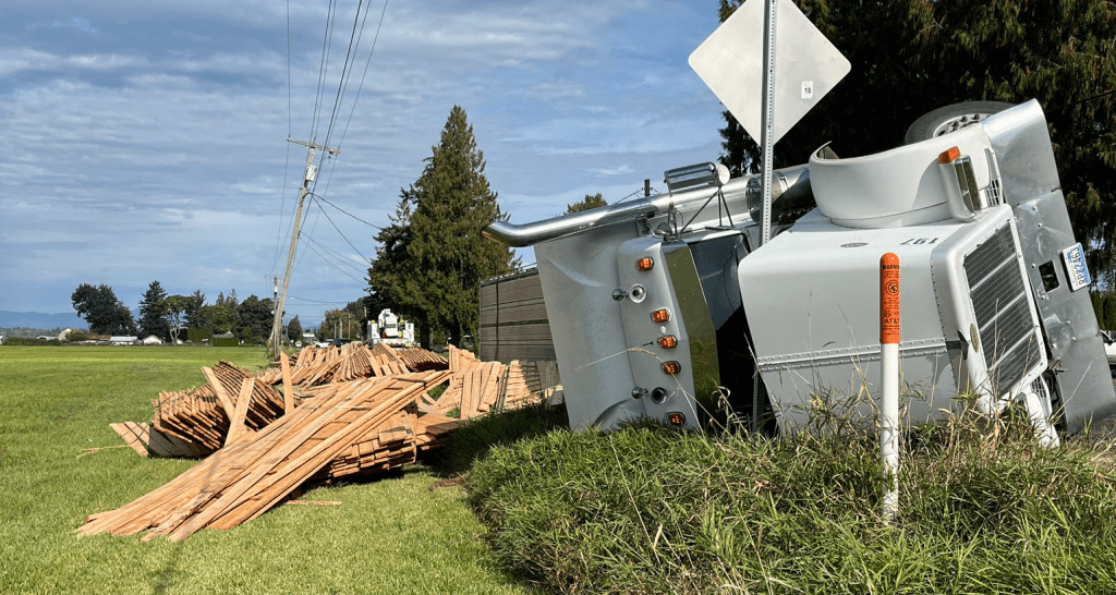 Scene of a semi truck rollover incident on Nooksack Road (October 9, 2025). Source: WSP