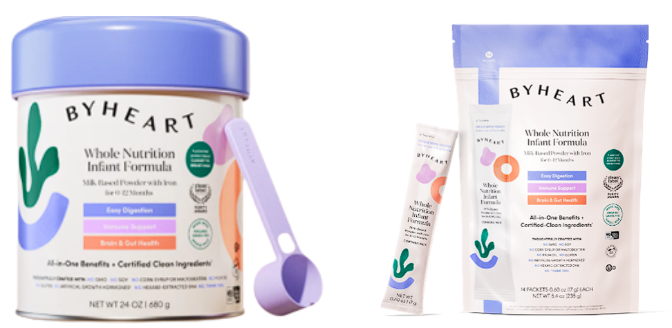 By Heart Whole Nutrition Infant formula can and single-serve “anywhere” sticks.