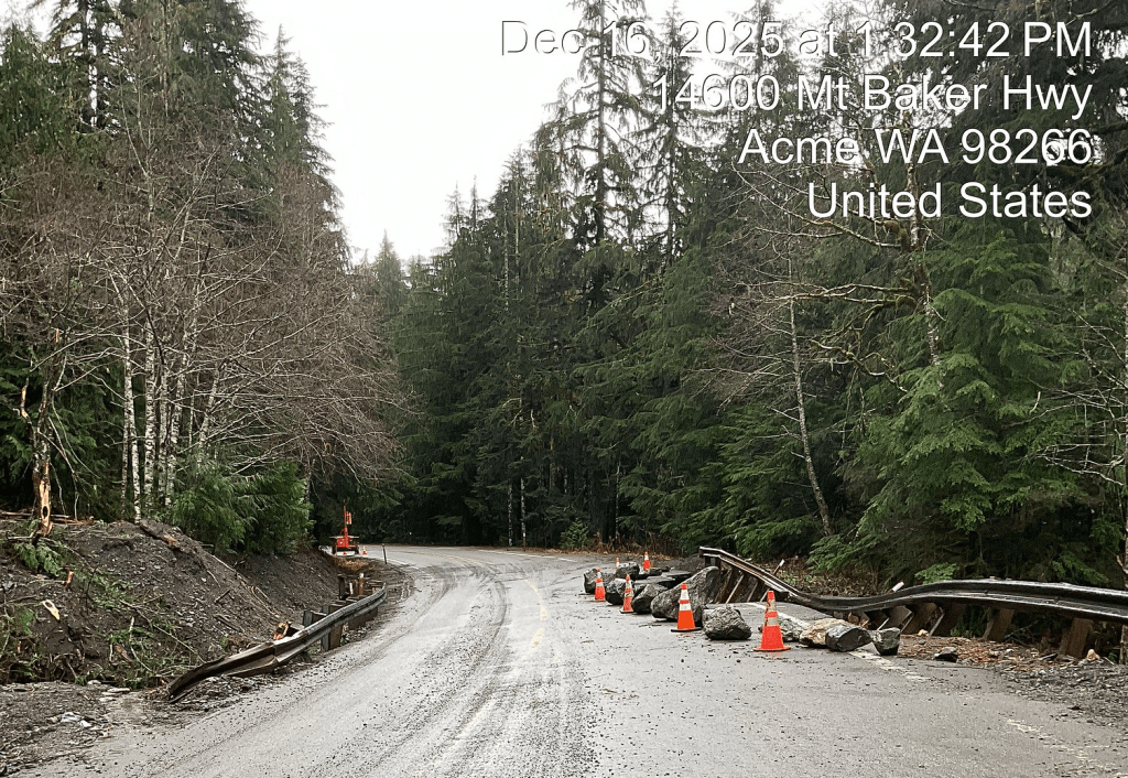 Scene of storm damage on Mt Baker Hwy (SR542) east of Glacier (December 18, 2025). Source: WSDOT