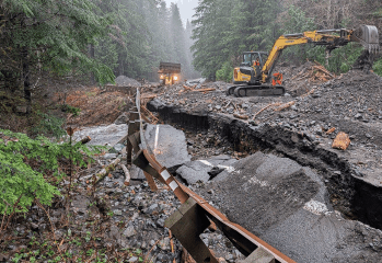 A damaged section of State Route 542 between mileposts 43 and 45 east of Glacier after floodwaters from an atmospheric river event in December. Source: WSDOT